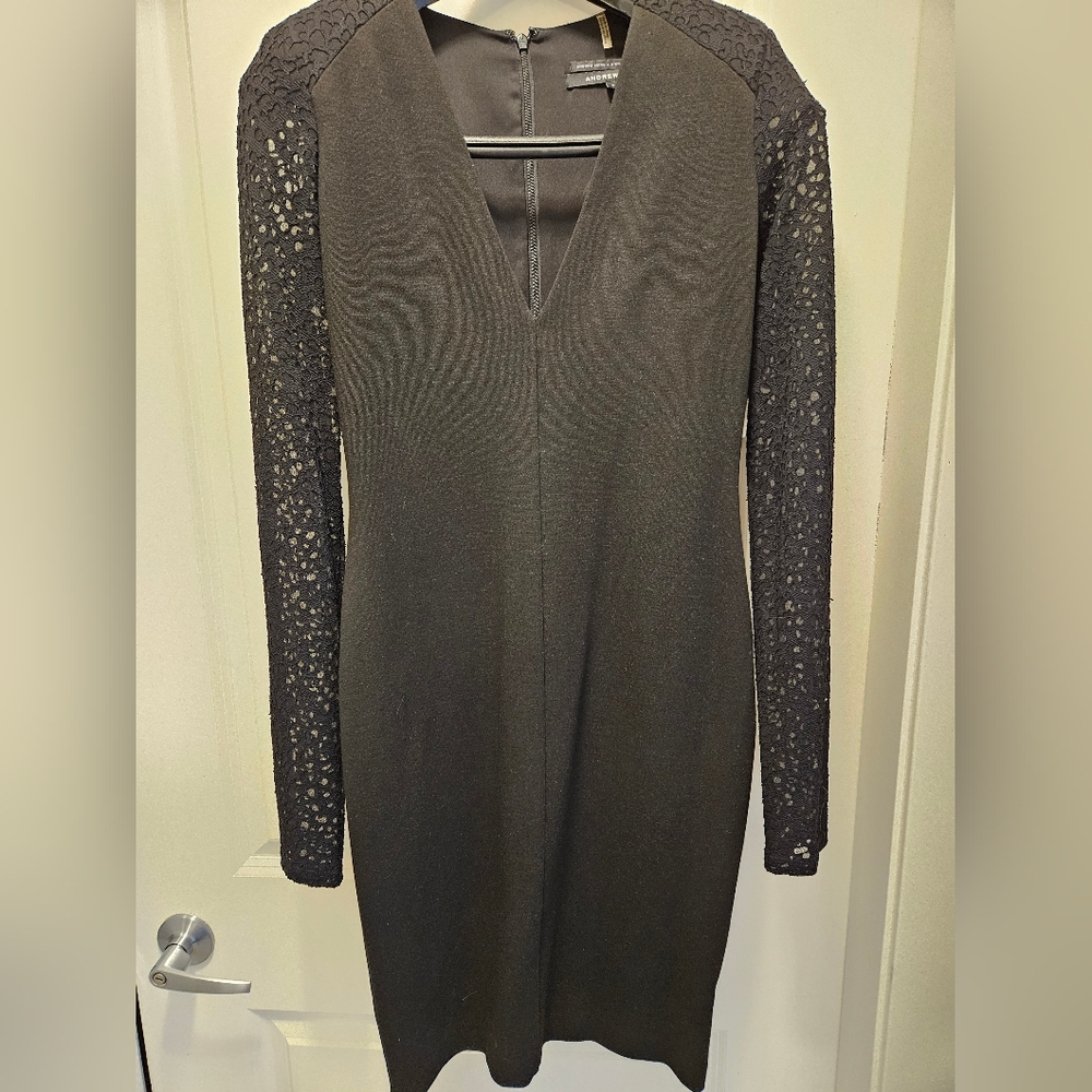 Black, Andrew Marc, Long Sleeve, Deep V Neck Dress, SIze M